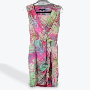 Nanette Lepore vacation dress Hawaiian leaves pink green midi summer size 2 s